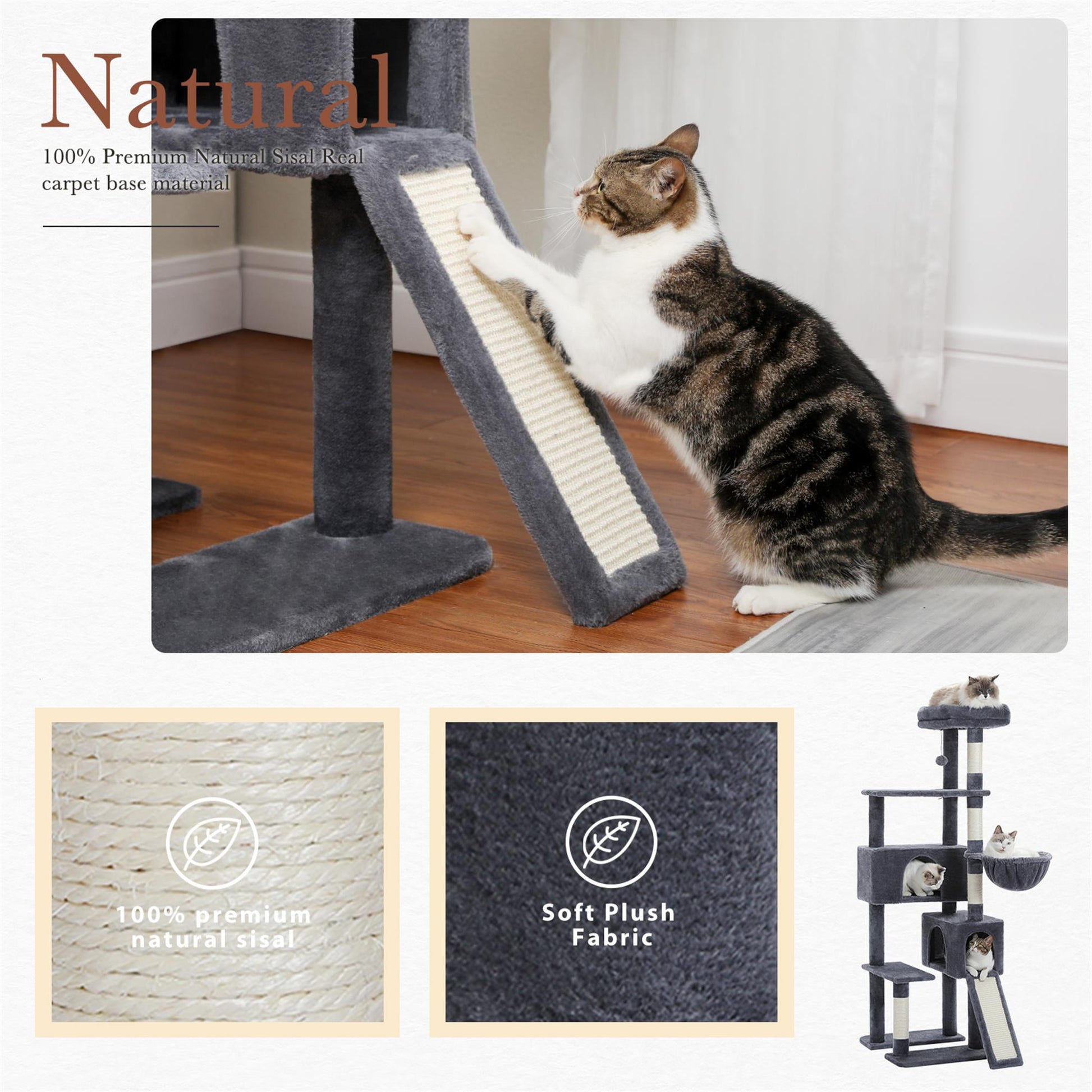Deluxe 61" Cat Tree Tower - Cozy Condo with Multiple Scratching Posts for Indoor Cats in Stylish Gray