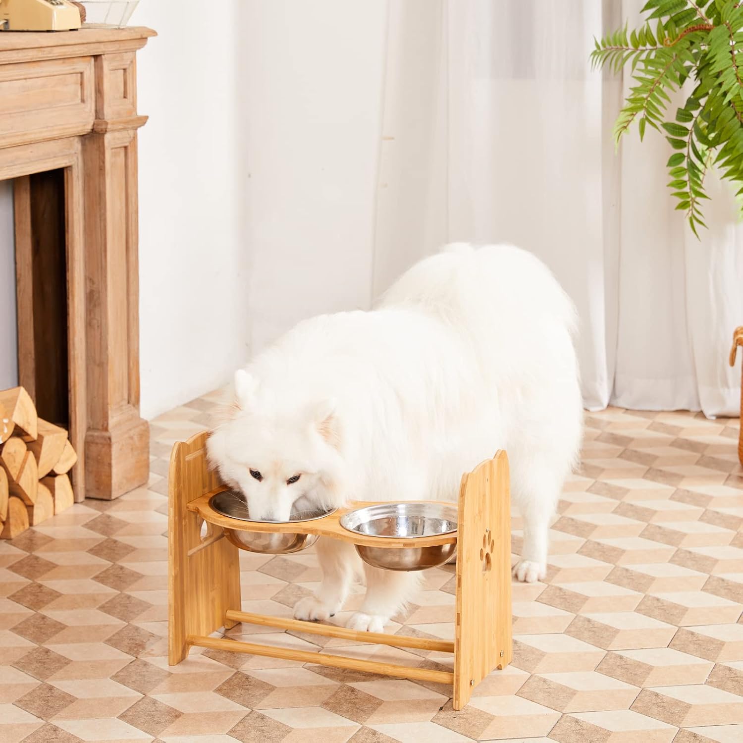 Adjustable Elevated Dog Bowls – Premium Bamboo Feeder for Cats and Dogs with Stainless Steel Anti-Slip Bowls
