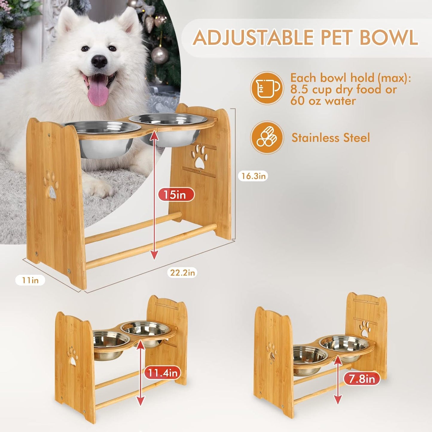 Adjustable Elevated Dog Bowls – Premium Bamboo Feeder for Cats and Dogs with Stainless Steel Anti-Slip Bowls