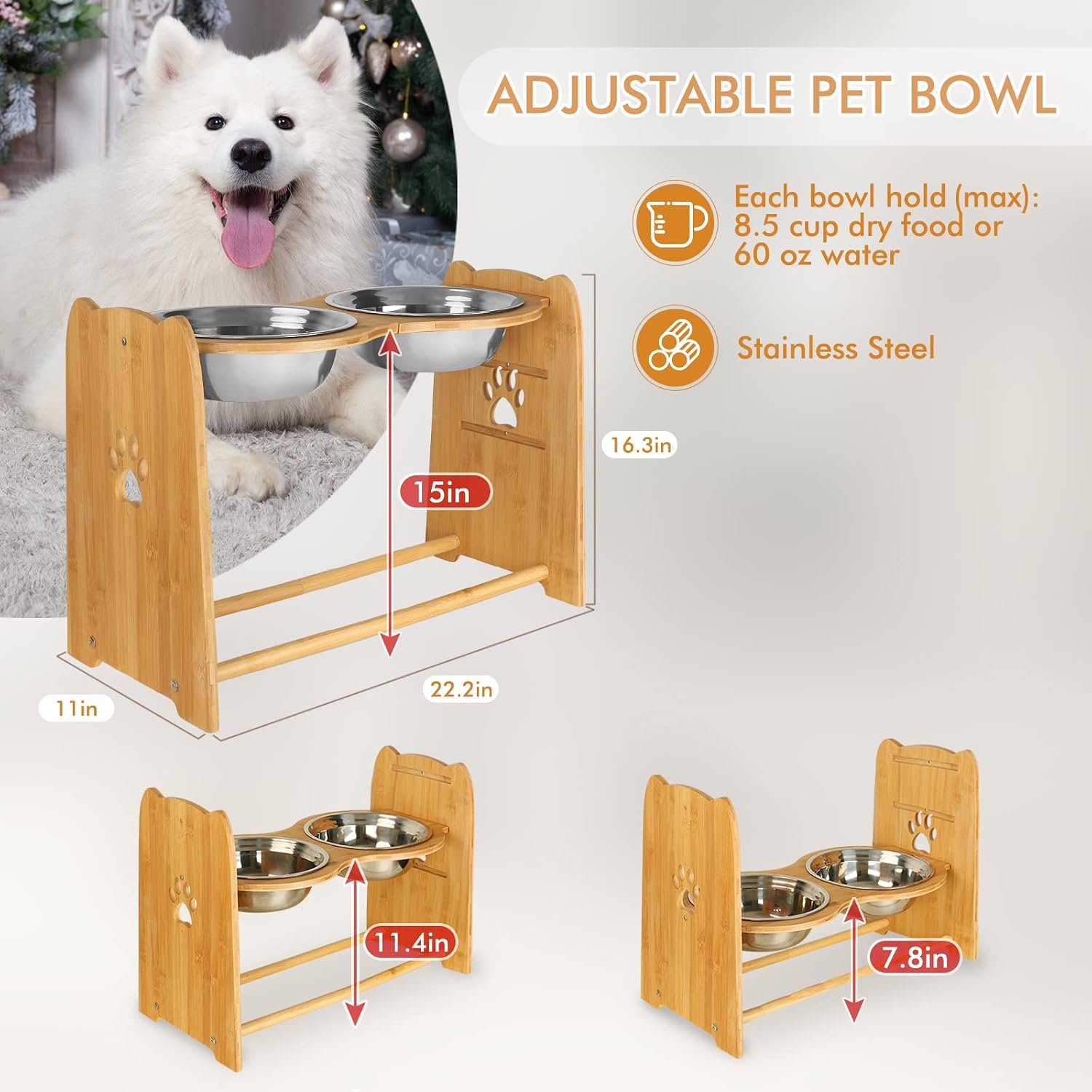 Adjustable Elevated Dog Bowls – Premium Bamboo Feeder for Cats and Dogs with Stainless Steel Anti-Slip Bowls