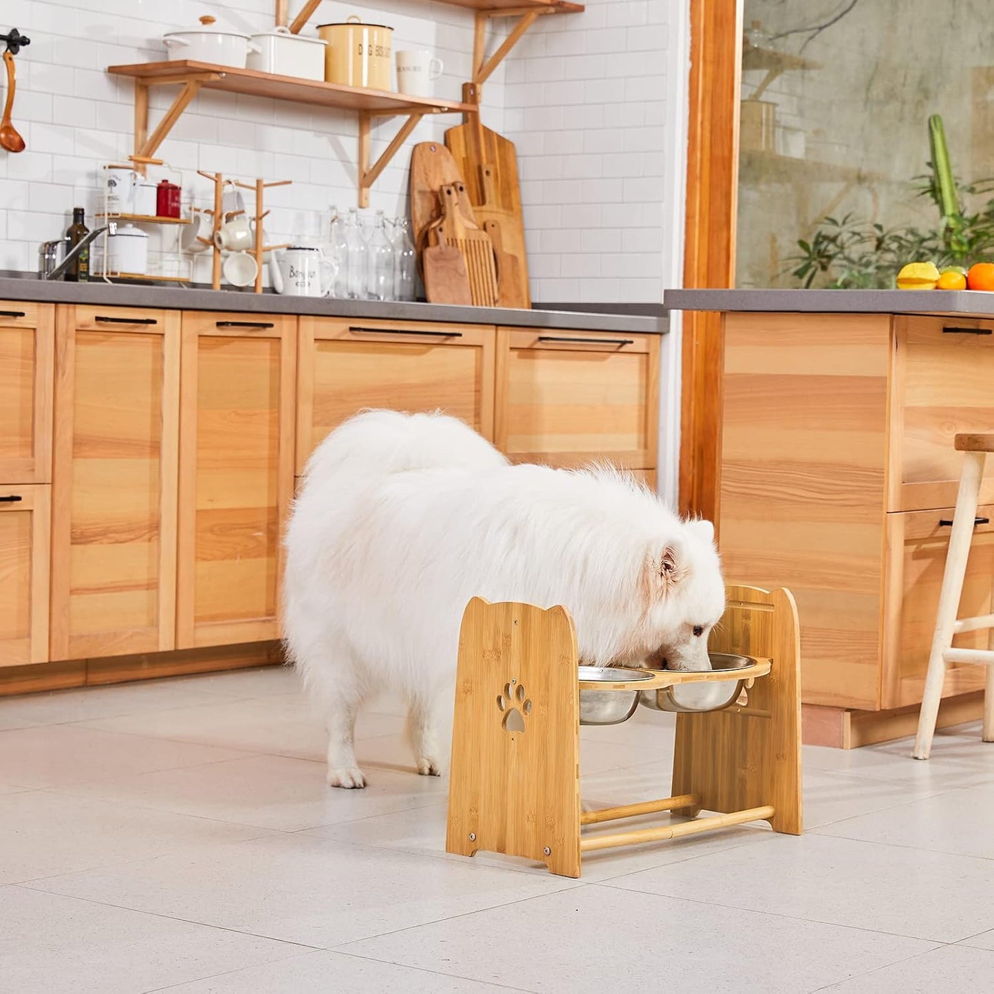 Adjustable Elevated Dog Bowls – Premium Bamboo Feeder for Cats and Dogs with Stainless Steel Anti-Slip Bowls