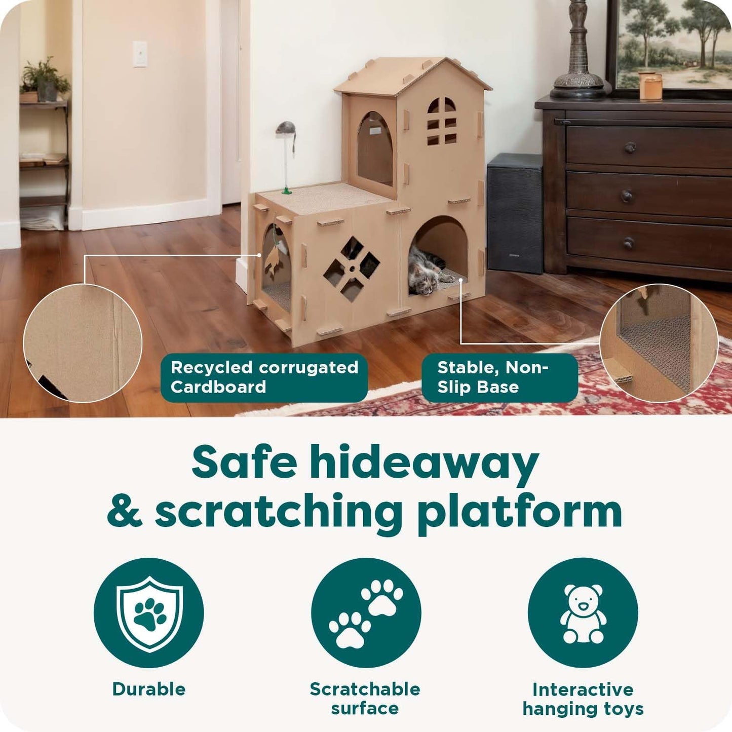 Delight Your Cat with the Townhouse Multi-Level Cardboard Cat House - A Cozy Retreat for Play, Scratching, and Relaxation!