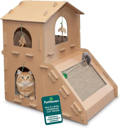 Delight Your Cat with the Townhouse Multi-Level Cardboard Cat House - A Cozy Retreat for Play, Scratching, and Relaxation!