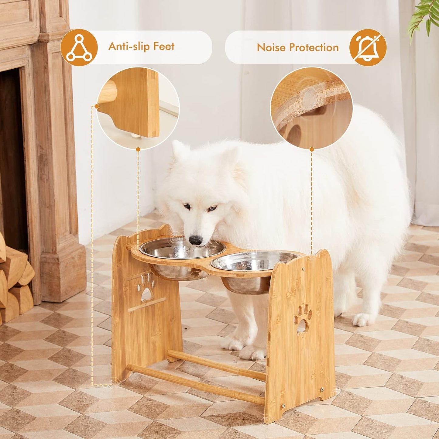 Adjustable Elevated Dog Bowls – Premium Bamboo Feeder for Cats and Dogs with Stainless Steel Anti-Slip Bowls