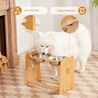 Adjustable Elevated Dog Bowls – Premium Bamboo Feeder for Cats and Dogs with Stainless Steel Anti-Slip Bowls