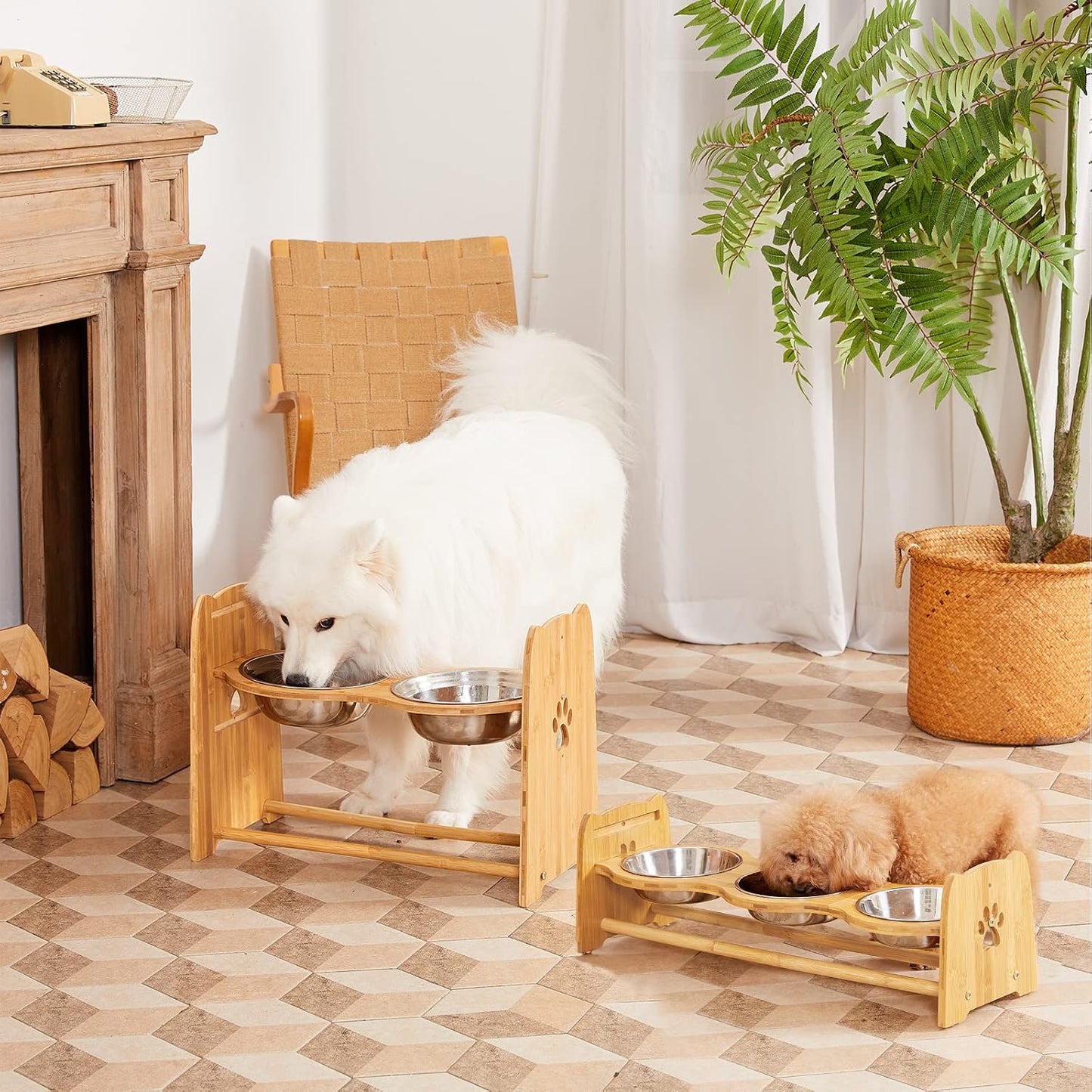 Adjustable Elevated Dog Bowls – Premium Bamboo Feeder for Cats and Dogs with Stainless Steel Anti-Slip Bowls