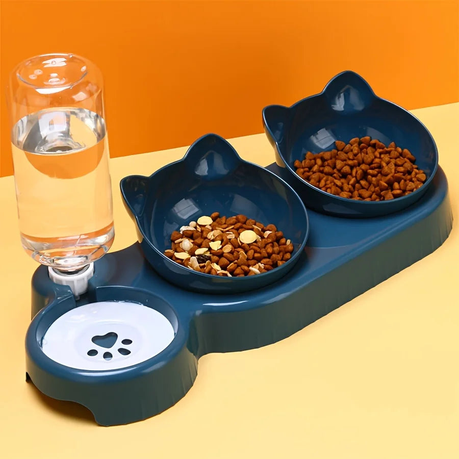 Elevate Your Pet's Dining Experience with Our 3-in-1 Tilted Cat Bowl Set Featuring a Convenient Water Dispenser