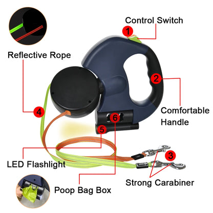 Experience Hassle-Free Walks with Our 3M Retractable Reflective Dual Dog Leash for Small Pets – Tangle-Free Design with Built-in Lights!