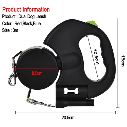 Experience Hassle-Free Walks with Our 3M Retractable Reflective Dual Dog Leash for Small Pets – Tangle-Free Design with Built-in Lights!