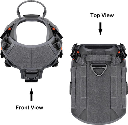 Premium Tactical Dog Harness for Medium Breeds - Full Metal Buckles, MOLLE Compatible, Reflective, Adjustable with 2 Leash Clips and Control Handle - No Pull Design in Stylish Grey