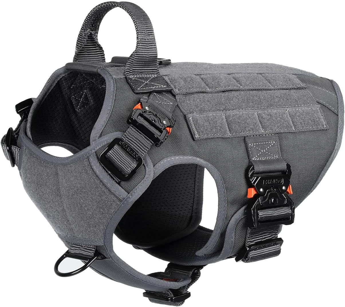 Premium Tactical Dog Harness for Medium Breeds - Full Metal Buckles, MOLLE Compatible, Reflective, Adjustable with 2 Leash Clips and Control Handle - No Pull Design in Stylish Grey