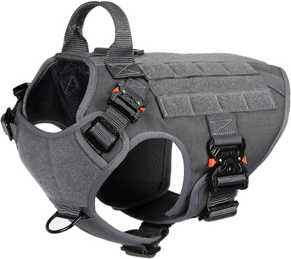 Premium Tactical Dog Harness for Medium Breeds - Full Metal Buckles, MOLLE Compatible, Reflective, Adjustable with 2 Leash Clips and Control Handle - No Pull Design in Stylish Grey